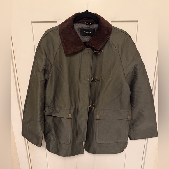 Tahari Taylor barn jacket green cotton-blend corduroy collar gold toggles Medium - Picture 7 of 13